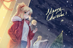 Rule 34 | 1boy, 2girls, alternate costume, blonde hair, breasts, casual, closed mouth, coat, collarbone, commentary, cowboy shot, fate (series), fur-trimmed coat, fur trim, gogatsu fukuin, hair ornament, hair scrunchie, hand in pocket, hand up, hood, hood down, hooded coat, jacket, long hair, long sleeves, medium breasts, merry christmas, mordred (fate), mordred (fate/apocrypha), multiple girls, open clothes, open coat, open jacket, outdoors, pants, parted bangs, ponytail, red coat, red scrunchie, scarf, scrunchie, shirt, short hair, smile, snowing, solo focus, star (symbol), white shirt, yellow scarf