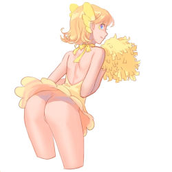 Rule 34 | 1girl, ass, back, bare back, blonde hair, blue eyes, c3momo, clothes lift, creatures (company), curly hair, dress, dress lift, game freak, gen 7 pokemon, halter dress, halterneck, leaning forward, nintendo, oricorio, partially visible vulva, personification, pokemon, pokemon sm, pom pom (cheerleading), short hair, solo, white background, yellow dress