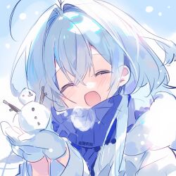 Rule 34 | 1girl, :d, ^ ^, ahoge, asphyxia17, blue hair, blue scarf, blush, breath, chinese text, closed eyes, coat, facing viewer, fur trim, gloves, hair between eyes, hair intakes, hands up, holding, holding snowman, jacket, long hair, long sleeves, multicolored hair, open mouth, original, scarf, smile, snow, snowing, snowman, solo, tsukumo mishiro (wmikawa), upper body, white coat, white gloves, white jacket, winter clothes