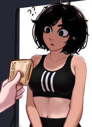 Rule 34 | 1girl, 1other, ?, ??, absurdres, adidas, banknote, black eyes, black hair, black sports bra, breasts, confused, freckles, highres, holding, holding money, implied prostitution, medium breasts, messy hair, midriff, money, navel, original, solo, sports bra, v arms, vertical-striped sports bra, veyonis, wide-eyed, yuna (veyonis)