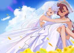 Rule 34 | 2girls, ahoge, bare shoulders, blue sky, bridal veil, carrying, closed eyes, cloud, couple, day, dress, female focus, flower, green eyes, gundam, gundam suisei no majo, hairband, happy, jewelry, jia ma, lens flare, long hair, miorine rembran, multiple girls, one eye closed, open mouth, outdoors, petals, princess carry, red hair, ring, sky, smile, suletta mercury, sunflower, thick eyebrows, veil, wedding dress, wedding ring, white hair, wife and wife, yuri