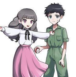 1boy 1girl black_hair black_ribbon breast_pocket brown_hair chira_fh closed_mouth cowboy_shot creatures_(company) crossover fear_&amp;_hunger_(series) fear_&amp;_hunger_2:_termina game_freak green_eyes green_jumpsuit highres holding holding_poke_ball jumpsuit levi_(fear_&amp;_hunger) long_hair long_sleeves looking_at_viewer marina_(fear_&amp;_hunger) mile mouth_piercing necktie nintendo open_mouth outstretched_arms pink_eyes pink_skirt pocket poke_ball pokemon ribbon shirt shirt_tucked_in short_hair short_sleeves simple_background skirt spread_arms standing sweat twintails white_background white_shirt