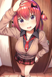 Rule 34 | 10s, 1girl, :3, :d, absurdres, arm up, bat hair ornament, black shirt, blouse, blurry, blush, breasts, cardigan, collarbone, collared shirt, depth of field, door, dress shirt, fang, fisheye, foreshortening, gabriel dropout, greatmosu, hair between eyes, hair ornament, hand in own hair, hand on headwear, highres, indoors, kneehighs, large breasts, looking at viewer, necktie, open mouth, plaid, plaid skirt, pleated skirt, purple eyes, red hair, satanichia kurumizawa mcdowell, school uniform, shirt, short twintails, skirt, smile, socks, solo, standing, twintails