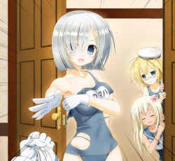 Rule 34 | 10s, 3girls, ahoge, alternate costume, around corner, bare shoulders, blonde hair, blue eyes, blush, breasts, covering privates, covering breasts, crop top, door, doorway, eyes visible through hair, flower, flying sweatdrops, glasses, gloves, hair flower, hair ornament, hair over one eye, hairclip, hamakaze (kancolle), hat, i-8 (kancolle), kantai collection, large breasts, long hair, looking at viewer, multiple girls, name tag, one-piece swimsuit, one-piece tan, open mouth, outstretched arm, peaked cap, peeking out, red-framed eyewear, ro-500 (kancolle), school swimsuit, short hair, silver hair, smile, sweatdrop, swimsuit, swimsuit under clothes, tan, tanline, torn clothes, torn swimsuit, white gloves, yoko (pixykid2010)