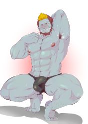 Rule 34 | 1boy, abs, absurdres, armpit hair, armpits, bara, beard, bikini briefs, black male underwear, blonde hair, blush, bulge, drooling, earrings, erection, erection under clothes, facial hair, final fantasy, final fantasy xiv, full body, highres, jewelry, konaoji (connersublow), large pectorals, leg hair, looking at viewer, male focus, male underwear, mature male, multicolored hair, muscular, muscular male, navel, navel hair, nipples, pectorals, roegadyn, short hair, smell, solo, squatting, stomach, sweat, thick thighs, thighs, topless male, two-tone hair, underwear, underwear only, warrior of light (ff14)