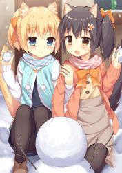 Rule 34 | 2girls, :d, animal ears, bad id, bad pixiv id, beige shirt, black hair, black legwear, blonde hair, blue dress, blue eyes, blue jacket, blush, boots, bow, branch, brown eyes, brown footwear, brown jacket, brown skirt, buttons, cat ears, cat tail, cross-laced footwear, door, dress, fang, fingernails, flower, hair between eyes, hair bow, hair flower, hair ornament, high-waist skirt, highres, holding, jacket, kneeling, lace-up boots, locked arms, looking at another, looking at viewer, multicolored clothes, multicolored jacket, multiple girls, open mouth, orange bow, orange ribbon, original, outdoors, panties, panties under pantyhose, pantyhose, plaid, plaid scarf, pom pom (clothes), ribbon, scarf, shirt, side ponytail, skirt, smile, snow, snowball, snowing, snowman, squatting, striped clothes, striped shirt, tail, tareme, thighband pantyhose, underwear, usagino suzu, vertical-striped clothes, vertical-striped shirt, white jacket, white panties, window