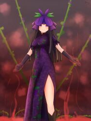 Rule 34 | 1girl, absurdres, black gloves, black headwear, china dress, chinese clothes, closed mouth, commentary, dress, feet out of frame, flower, flower on head, gloves, grape print, hatoman (ytef4434), highres, long hair, looking at viewer, purple dress, purple eyes, purple flower, solo, standing, touhou, yomotsu hisami