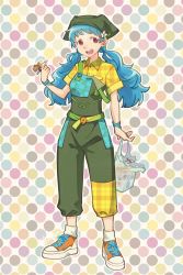 Rule 34 | 1girl, arm ribbon, bag, belt, blue hair, blue ribbon, bubble, bubble background, collar, flower, green belt, green headwear, green pants, hand up, haniwa (statue), haniyasushin keiki, highres, long hair, looking away, multicolored background, open mouth, orange footwear, pants, pink eyes, ribbon, shikido (khf), shirt, shoes, short sleeves, smile, sneakers, solo, standing, touhou, twintails, white flower, white footwear, yellow collar, yellow shirt, yellow sleeves