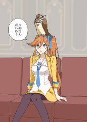 Rule 34 | 1girl, ace attorney, animal, animal on head, athena cykes, bird, bird on head, black pantyhose, blue eyes, blue necktie, blue ribbon, couch, crescent, crescent earrings, cropped jacket, earrings, gumi (gelatin), hair between eyes, hair ribbon, hawk, highres, jacket, jewelry, long hair, necklace, necktie, on couch, on head, open clothes, open jacket, open mouth, orange hair, pantyhose, ribbon, shirt, side ponytail, single earring, sitting, skirt, speech bubble, taka (ace attorney), translation request, white shirt, yellow jacket, yellow skirt