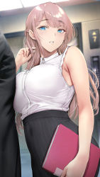 Rule 34 | 1girl, absurdres, black skirt, blue eyes, breast press, breasts, collared shirt, commentary request, covered navel, elevator, gentsuki, hand in own hair, high-waist skirt, highres, holding, large breasts, light brown hair, long hair, long skirt, looking at viewer, office lady, original, parted lips, shirt, skirt, sleeveless, sleeveless shirt, white shirt