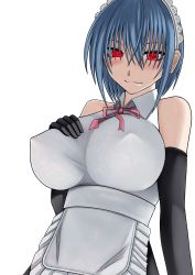 Rule 34 | 1girl, aebafuti, bare shoulders, blue hair, blush, breasts, elbow gloves, gloves, huge breasts, looking at viewer, maid, maid headdress, red eyes, short hair, simple background, smile, solo, standing