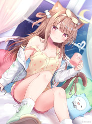 Rule 34 | 1girl, animal ear fluff, animal ears, bare shoulders, blush, breasts, brown eyes, brown hair, camisole, cat ears, cat girl, cat tail, cleavage, closed mouth, collarbone, commentary request, cup, hair ornament, hand up, highres, holding, indoors, long hair, long sleeves, looking at viewer, masayo (gin no ame), mug, off shoulder, one side up, original, print mug, ribbon, shorts, sitting, sleeves past wrists, small breasts, smile, socks, solo, strap slip, tail