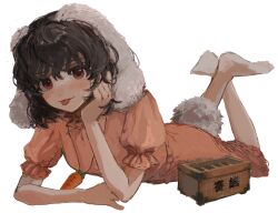 Rule 34 | 1girl, :p, animal ears, b nosk101, barefoot, black hair, blush, box, breasts, carrot necklace, donation box, dress, hand up, highres, inaba tewi, jewelry, looking at viewer, lying, medium hair, necklace, on stomach, pink dress, pom pom (clothes), puffy short sleeves, puffy sleeves, rabbit ears, rabbit tail, red eyes, short sleeves, simple background, small breasts, solo, tail, tongue, tongue out, touhou, white background