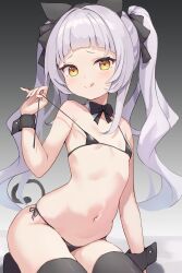Rule 34 | 1girl, :q, absurdres, alternate costume, asktyuni, bikini, bikini pull, black bikini, black bow, black bowtie, black thighhighs, blunt bangs, bow, bowtie, cat tail, clothes pull, commentary request, detached collar, flat chest, gradient background, hairband, highres, hololive, long hair, looking at viewer, micro bikini, murasaki shion, navel, orange eyes, seiza, simple background, sitting, smile, solo, swimsuit, tail, thighhighs, tongue, tongue out, twintails, virtual youtuber, white hair, wrist cuffs