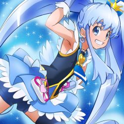 Rule 34 | 10s, 1girl, armpits, blue background, blue eyes, blue hair, brooch, crown, cure princess, earrings, hand on own hip, happinesscharge precure!, haruyama kazunori, heart, heart brooch, jewelry, long hair, magical girl, matching hair/eyes, precure, shirayuki hime, shorts, solo, thighhighs, twintails