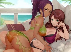 Rule 34 | 2girls, absurdres, alternate costume, alternate hairstyle, ass, bad source, beach, breasts, brown hair, cleavage, commission, commissioner upload, couch, dark-skinned female, dark skin, dorothea arnault, fire emblem, fire emblem: three houses, fire emblem heroes, girl on top, green eyes, haru (nakajou-28), highres, large breasts, looking at viewer, lying, multiple girls, nintendo, official alternate costume, on back, petra macneary, ponytail, purple hair, skeb commission, swimsuit