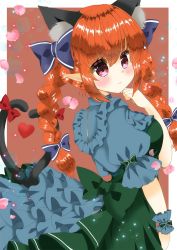 Rule 34 | 1girl, alternate costume, animal ear fluff, animal ears, black bow, blue background, border, bow, braid, breasts, cat ears, closed mouth, cowboy shot, dress, extra ears, frills, from side, gold trim, gradient background, green dress, hair bow, heart, heart tail, kaenbyou rin, large breasts, light smile, long hair, looking at viewer, maid, multicolored background, multiple bows, multiple tails, nekomata, pointy ears, red background, red bow, red eyes, red hair, side braids, solo, tail, touhou, twin braids, two tails, white border, wrist cuffs, zenra1112