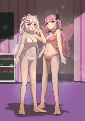 Rule 34 | 2girls, absurdres, animal ears, barefoot, belly, blue eyes, blush, blush stickers, bow, bra, braid, breasts, closed mouth, commission, dog ears, dog tail, fairy wings, full body, gram pico, grey hair, hair bow, hair ornament, hair ribbon, hairclip, highres, kokoromo memory, long hair, looking at viewer, multiple girls, navel, open mouth, panties, paw print, phase connect, phase connect jp, pink bra, pink eyes, pink hair, pink panties, pointy ears, ribbon, small breasts, smile, tail, thighs, twin braids, twintails, underwear, underwear only, virtual youtuber, white bra, white panties, wings
