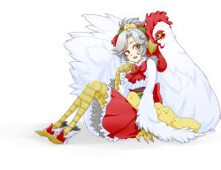 Rule 34 | 1girl, bird, chick, chicken, dress, grey hair, harpy, highres, monster girl, open mouth, original, red skirt, rooster, simeitei, simple background, sitting, skirt, white background