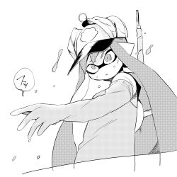 Rule 34 | 1girl, absurdres, baseball cap, breasts, cropped torso, danimaru, domino mask, elbow gloves, female focus, from side, gloves, greyscale, halftone, hat, highres, inkling, inkling girl, inkling player character, japanese text, lifebuoy, liquid, mask, medium breasts, monochrome, nintendo, open mouth, overalls, reaching, salmon run (splatoon), shirt, simple background, sketch, solo, speech bubble, splatoon (series), splatoon 2, swim ring, tentacle hair, tentacles, translation request, upper body, v-shaped eyebrows, white background