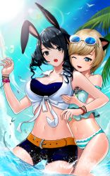 Rule 34 | 2girls, animal ears, bad id, bad pixiv id, black eyes, black hair, blade &amp; soul, blonde hair, blue eyes, blush, grabbing another&#039;s breast, breasts, rabbit ears, cat ears, cleavage, curly hair, day, denim, denim shorts, drill hair, flat chest, front-tie top, grabbing, large breasts, long hair, looking at another, looking at viewer, midriff, multiple girls, navel, ocean, one eye closed, open mouth, original, partially submerged, phonic, short hair, shorts, sunlight, swimsuit, water