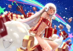 Rule 34 | 1girl, altera (fate), altera the santa (fate), animal, bare shoulders, blush, box, breasts, choker, dark-skinned female, dark skin, detached sleeves, earmuffs, fate/grand order, fate (series), full-body tattoo, gift, gift box, gloves, highres, legs, light rays, looking at viewer, midriff, navel, night, night sky, open mouth, outdoors, photon ray (fate), red eyes, revealing clothes, sheep, short hair, sky, small breasts, snow, solo, tattoo, thighs, tsuuhan, veil, white gloves, white hair
