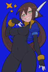 Rule 34 | 1girl, aile (mega man zx), bodysuit, breasts, buzzlyears, green eyes, grin, half-closed eyes, large breasts, looking at viewer, mega man zx, mega man zx advent, navel, ponytail, skin tight, smile, solo
