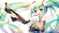 Rule 34 | 1girl, amamine, bad id, bad pixiv id, bass clef, blue eyes, blush, detached sleeves, floating hair, green hair, hand on own chest, hatsune miku, headset, long hair, musical note, open mouth, outstretched arm, quaver, sheet music, solo, treble clef, twintails, very long hair, vocaloid, white background