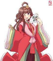 Rule 34 | 1girl, alternate costume, artist logo, blush, brown hair, cowboy shot, crown, dated, double bun, folding fan, hair between eyes, hair ornament, hand fan, highres, japanese clothes, kanon (kurogane knights), kantai collection, kimono, kongou (kancolle), long hair, long sleeves, looking at viewer, obi, one eye closed, open mouth, purple eyes, saishi, sash, signature, simple background, smile, solo, white background, wide sleeves