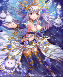 Rule 34 | 1girl, arm warmers, bad anatomy, bare shoulders, blue thighhighs, bracelet, breasts, chaki-yam, choker, cleavage, creature, crown, dated, fantasy, full body, grey eyes, hair ornament, headpiece, jewelry, large breasts, long hair, looking at viewer, lord of knights, midriff, navel, necklace, official art, open mouth, outstretched arm, ring, silver hair, skirt, standing, thighhighs, watermark, white skirt