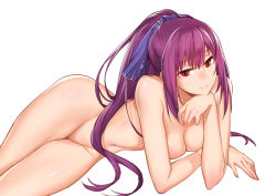 Rule 34 | 1girl, absurdres, breasts, fate/grand order, fate (series), hair between eyes, head in hand, head rest, highres, looking at viewer, lying, medium breasts, navel, nude, on side, onceskylark, ponytail, purple hair, scathach (fate), scathach skadi (fate), solo