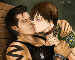 Rule 34 | 1boy, 1girl, asia airport, billy coen, black hair, blue eyes, brown hair, capcom, choker, couple, cuffs, dog tags, closed eyes, fingerless gloves, gloves, handcuffs, hetero, hug, jewelry, kiss, lowres, necklace, police, police uniform, rebecca chambers, resident evil, resident evil 0, short hair, tank top, tattoo, uniform