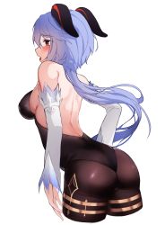 Rule 34 | 1girl, absurdres, ahoge, ass, back, backless outfit, bare back, bare shoulders, black leotard, black pantyhose, blue hair, blush, bodystocking, bodysuit, breasts, chessy, cropped legs, detached sleeves, ganyu (genshin impact), genshin impact, highres, horns, leotard, leotard under clothes, long hair, long sleeves, looking to the side, low ponytail, median furrow, medium breasts, no gloves, pantyhose, purple eyes, sideboob, sidelocks, simple background, solo, thighlet, white background, white sleeves