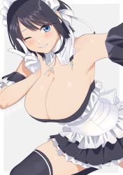 Rule 34 | 1girl, alternate costume, bare shoulders, black hair, black thighhighs, blue eyes, breasts, cleavage, enmaided, gloves, highres, large breasts, looking at viewer, maid, maid headdress, one eye closed, open mouth, original, poligon (046), ribbon, short hair, simple background, smile, solo, thighhighs, v, white background, white gloves