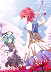 Rule 34 | 2girls, blue eyes, blush, cherry blossoms, flower, green hair, hair bobbles, hair ornament, hat, highres, looking at viewer, multiple girls, nugi (armenci), onozuka komachi, red eyes, red hair, scythe, shiki eiki, touhou, twintails, two side up, wide sleeves