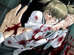 Rule 34 | 1girl, blonde hair, blood, blood on face, blood on clothes, crazy, crazy eyes, crazy smile, doh250r, game cg, green eyes, grin, guro, knife, male hand, pov, seisai ~hakudaku no misogi~, short twintails, smile, stab, sudou nami, twintails