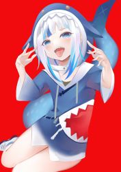 Rule 34 | 1girl, absurdres, animal hood, bare legs, blue eyes, blue hair, blue hoodie, breasts, collarbone, commentary request, fins, fish tail, gawr gura, gawr gura (1st costume), highres, hololive, hololive english, hood, hoodie, looking at viewer, multicolored hair, open mouth, red background, shark girl, shark hood, shark tail, sharp teeth, shoes, sidelocks, simple background, sitting, small breasts, sneakers, solo, streaked hair, tail, teeth, thighs, tongue, tongue out, uvula, virtual youtuber, white hair, yokozuwari, zeppeki shoujo