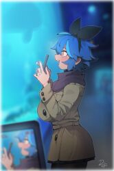 Rule 34 | 1girl, :d, aquarium, black pantyhose, black skirt, blue hair, blurry, blurry background, blurry foreground, breasts, brown coat, cellphone, coat, commentary, depth of field, dif (difman), difman, english commentary, from side, hair between eyes, heart, highres, holding, holding phone, indoors, large breasts, long sleeves, mole, mole under eye, multicolored hair, open mouth, original, pantyhose, phone, profile, purple scarf, scarf, signature, skirt, smile, solo, streaked hair, yellow eyes