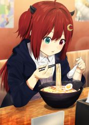 Rule 34 | 1girl, absurdres, ahoge, black jacket, blurry, blurry background, blush, bowl, chopsticks, collared shirt, crescent, crescent hair ornament, demon horns, depth of field, dress shirt, food, green eyes, hair between eyes, hair ornament, heterochromia, highres, holding, holding chopsticks, holding spoon, hood, hood down, hooded jacket, horns, huge filesize, indoors, jacket, long hair, long sleeves, misaki nonaka, nijisanji, noodles, open clothes, open jacket, parted lips, ramen, red eyes, red hair, shirt, solo, spoon, sweat, two side up, very long hair, virtual youtuber, white shirt, yuzuki roa