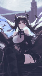 Rule 34 | 1girl, asymmetrical horns, black gloves, black hair, black sleeves, black thighhighs, blue hair, breasts, clothing cutout, collared shirt, colored inner hair, demon horns, feathered wings, full moon, fur-trimmed sleeves, fur trim, gloves, high-waist dress, highres, hololive, hololive english, horns, iva (iva4111), large breasts, looking at viewer, mole, mole under eye, moon, multicolored hair, nerissa ravencroft, nerissa ravencroft (1st costume), red eyes, shirt, shoulder cutout, smile, solo, thigh strap, thighhighs, virtual youtuber, wings