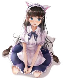Rule 34 | 1girl, absurdres, animal ear fluff, animal ears, apron, blue bow, blue eyes, blue hairband, blue skirt, blunt bangs, blush, bow, breasts, brown footwear, brown hair, cat ears, collared shirt, commentary request, dress shirt, frilled hairband, frilled skirt, frills, hair ornament, hairband, hairclip, highres, kneeling, kurosawa dia, long hair, looking at viewer, love live!, love live! school idol festival, love live! sunshine!!, medium breasts, nose blush, open mouth, puffy short sleeves, puffy sleeves, shirt, shoes, short sleeves, sidelocks, sin (sin52y), sitting, skirt, solo, very long hair, waist apron, wariza, white apron, white background, white shirt