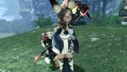 Rule 34 | 10s, 1girl, 3d, animal ears, blade &amp; soul, brown eyes, brown hair, bush, cat, dress, glasses, grass, highres, looking to the side, lyn (blade &amp; soul), staff, tail, thighhighs, tree