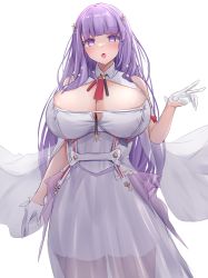 Rule 34 | 1girl, absurdres, azur lane, bare shoulders, breasts, cleavage, cleavage cutout, clothing cutout, cowboy shot, dress, gloves, half gloves, highres, huge breasts, long hair, looking at viewer, open mouth, plymouth (azur lane), purple eyes, purple hair, red ribbon, ribbon, see-through, see-through dress, simple background, sleeveless, sleeveless dress, solo, very long hair, white background, white dress, white gloves, yuuki shuri