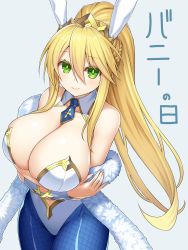 Rule 34 | 1girl, ahoge, animal ears, arms under breasts, artoria pendragon (all), artoria pendragon (fate), artoria pendragon (swimsuit ruler) (fate), asamura hiori, bare shoulders, blonde hair, blue neckwear, blue pantyhose, blush, braid, breasts, cleavage, closed mouth, crossed arms, detached collar, fake animal ears, fate/grand order, fate (series), feather boa, fishnet pantyhose, fishnets, french braid, green eyes, hair between eyes, highleg, highleg leotard, highres, huge breasts, large breasts, leotard, long hair, looking at viewer, necktie, pantyhose, playboy bunny, ponytail, rabbit ears, sidelocks, smile, tiara, white leotard, wrist cuffs