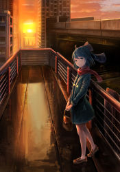 Rule 34 | 1girl, absurdres, bag, bare legs, blue eyes, blue hair, bow, brown footwear, building, cirno, city, closed mouth, contemporary, evening, faux traditional media, hair bow, half updo, highres, holding, holding bag, jacket, looking at viewer, nitefaint, no socks, orange sky, outdoors, red scarf, scarf, short hair, sky, solo, standing, sun, sunlight, sunset, touhou