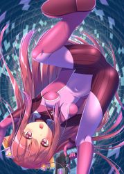 Rule 34 | 10s, 1girl, alternate costume, bodysuit, bow, full body, gun, gurande (g-size), hair bow, highres, kamikaze (kancolle), kantai collection, long hair, looking at viewer, open mouth, pink bodysuit, red eyes, red hair, solo, spread legs, upside-down, weapon, yellow bow