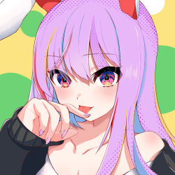 Rule 34 | 1girl, animal ears, black sleeves, blush, collarbone, commentary request, fingernails, hair between eyes, hand up, highres, komori hiki16, licking, licking finger, long hair, looking at viewer, off shoulder, pink eyes, pink hair, pink nails, purple eyes, rabbit ears, rabbit girl, reisen udongein inaba, shirt, simple background, solo, tongue, tongue out, touhou, two-tone eyes, upper body, white shirt, yellow background