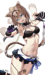 Rule 34 | 1girl, animal ears, armpits, arms up, bare shoulders, bikini, bikini top only, black bikini, black skirt, blue eyes, braid, breasts, brown hair, cat ears, cat girl, cat tail, chaciooh, claw pose, cleavage, cowboy shot, fang, frilled skirt, frills, hairband, highres, honkai (series), honkai impact 3rd, looking at viewer, medium breasts, miniskirt, navel, open mouth, pardofelis (honkai impact), resolution mismatch, revealing clothes, short hair, skirt, slit pupils, solo, source larger, stomach, swimsuit, tail, thighs, twin braids