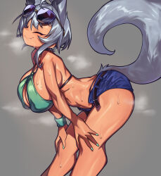 Rule 34 | 1girl, ahoge, animal ears, bare arms, belt, bent over, bikini, bikini top only, blue shorts, breasts, closed eyes, commentary, cowboy shot, dark-skinned female, dark skin, denim, denim shorts, eyewear on head, fang, fang out, fox ears, fox tail, from side, green bikini, green nails, grey background, halterneck, hands on own knees, highres, huge breasts, micro shorts, nail polish, open belt, open fly, original, panty straps, profile, short hair, shorts, simple background, smile, solo, steaming body, sunglasses, sweat, swimsuit, tail, tail raised, thighs, waa153, wristband