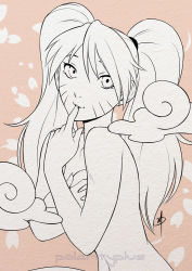 Rule 34 | 1girl, artist name, breasts, covering privates, covering breasts, finger to mouth, genderswap, genderswap (mtf), monochrome, naruko (naruto), naruto, naruto (series), nude, polarityplus, smoke, solo, twintails, upper body, uzumaki naruto, watermark, whiskers